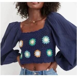 Aerie Crochet Crop Top XS Blue Puff Sleeve Granny Square Boho Cottagecore